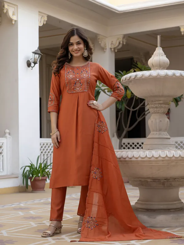 Rust_Orange_Viscose_Embroidered_Kurta_Pant_Set_For_Women