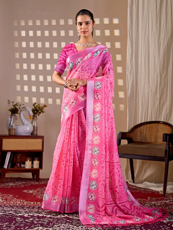 Pink_Bandhani-Inspired_Digital_Print_Soft_Linen_Cotton_Saree_with_Contrast_Printed_Blouse