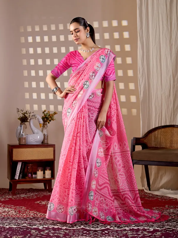 Pink_Bandhani-Inspired_Digital_Print_Soft_Linen_Cotton_Saree_with_Contrast_Printed_Blouse