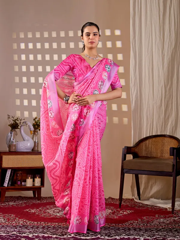 Pink_Bandhani-Inspired_Digital_Print_Soft_Linen_Cotton_Saree_with_Contrast_Printed_Blouse