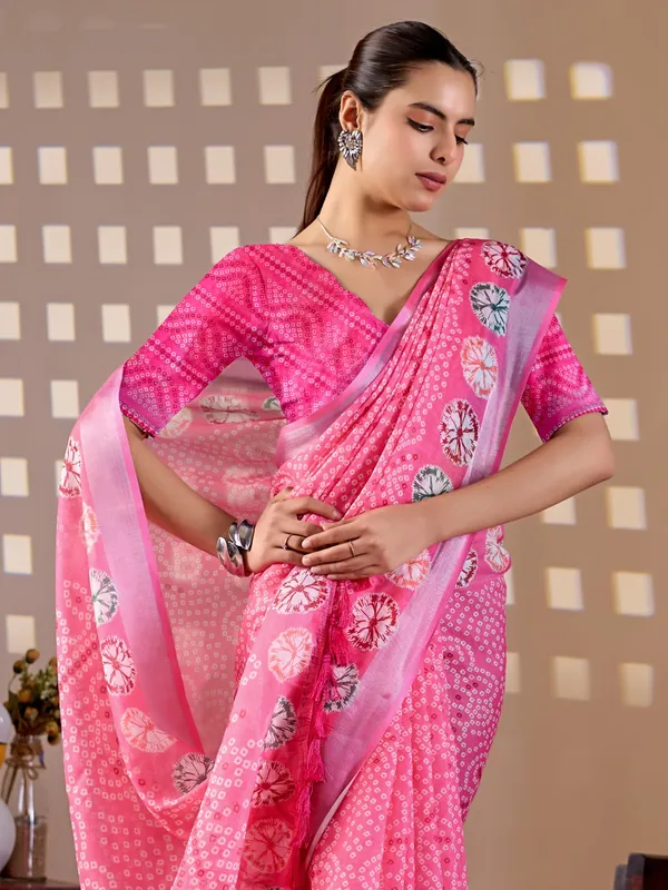 Pink_Bandhani-Inspired_Digital_Print_Soft_Linen_Cotton_Saree_with_Contrast_Printed_Blouse