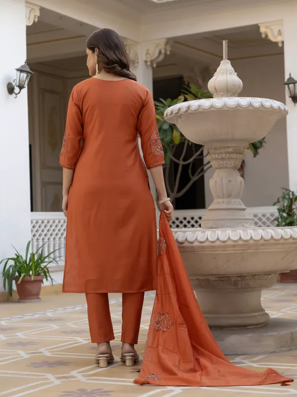 Rust_Orange_Viscose_Embroidered_Kurta_Pant_Set_For_Women