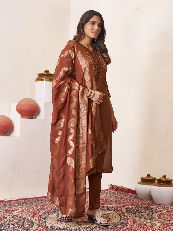 Dark_Brown_Romal_Silk_Sequins_Embroidered_Kurta_Pant_Set_For_Women