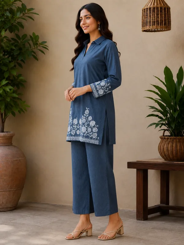 Denim_Blue_Cotton_Jacquard_Co-Ord_Set_for_Women_|_Premium_Short_Kurti_with_Pant