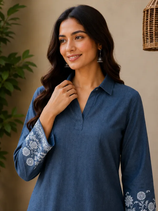 Denim_Blue_Cotton_Jacquard_Co-Ord_Set_for_Women_|_Premium_Short_Kurti_with_Pant
