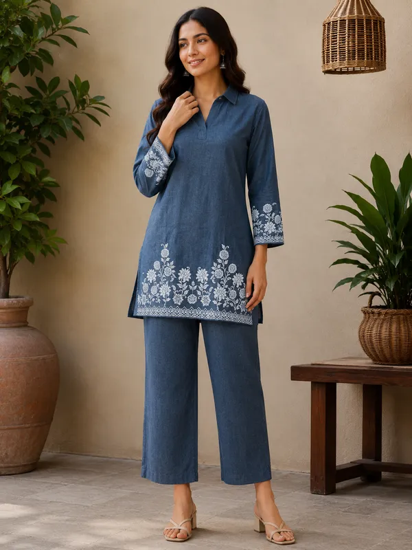 Denim_Blue_Cotton_Jacquard_Co-Ord_Set_for_Women_|_Premium_Short_Kurti_with_Pant