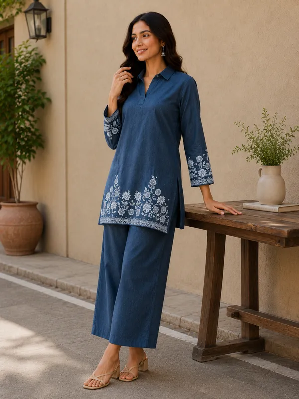 Denim_Blue_Cotton_Jacquard_Co-Ord_Set_for_Women_|_Premium_Short_Kurti_with_Pant