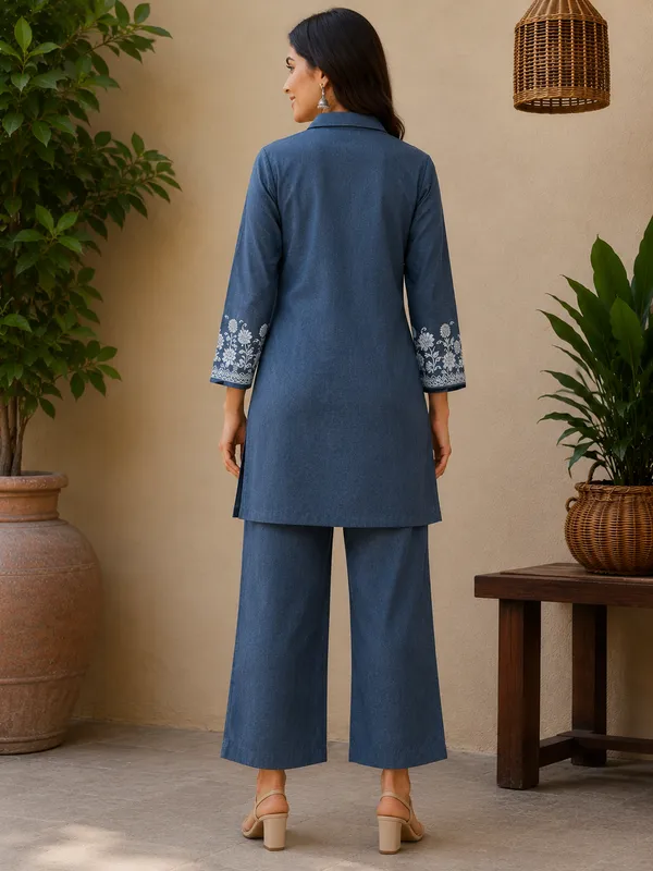Denim_Blue_Cotton_Jacquard_Co-Ord_Set_for_Women_|_Premium_Short_Kurti_with_Pant