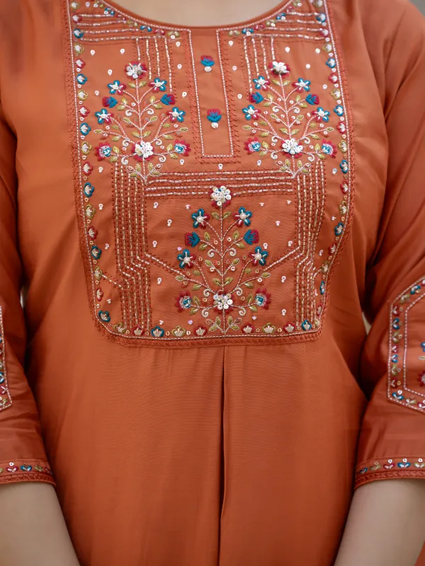 Rust_Orange_Viscose_Embroidered_Kurta_Pant_Set_For_Women