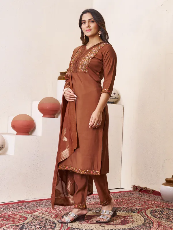 Dark_Brown_Romal_Silk_Sequins_Embroidered_Kurta_Pant_Set_For_Women