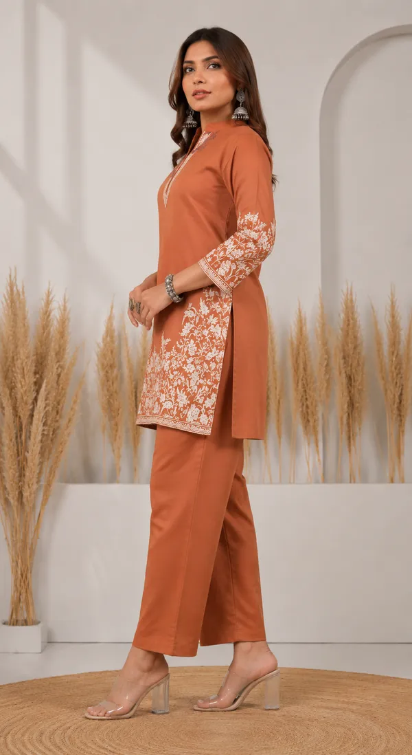 Orange_Cotton_Jacquard_Co-Ord_Set_for_Women_|_Premium_Short_Kurti_with_Pant