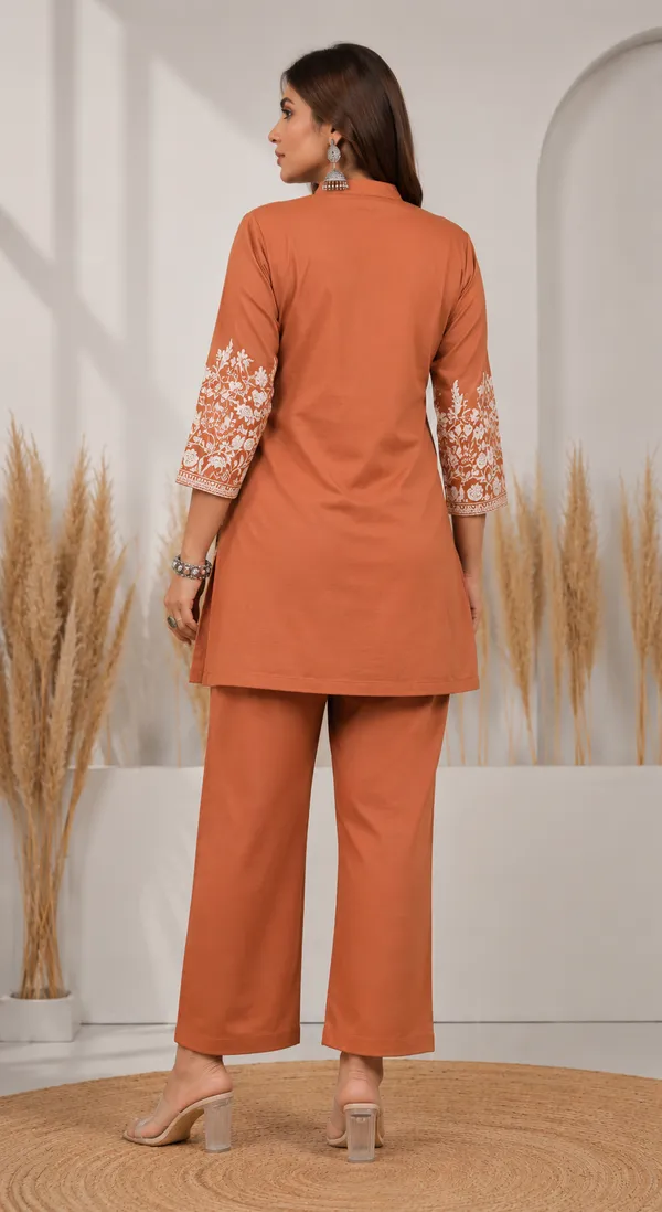 Orange_Cotton_Jacquard_Co-Ord_Set_for_Women_|_Premium_Short_Kurti_with_Pant
