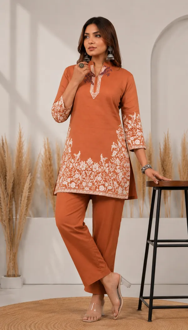 Orange_Cotton_Jacquard_Co-Ord_Set_for_Women_|_Premium_Short_Kurti_with_Pant