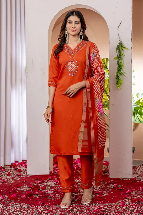 Orange_Viscose_Embroidered_Kurta_Pant_Set_For_Women