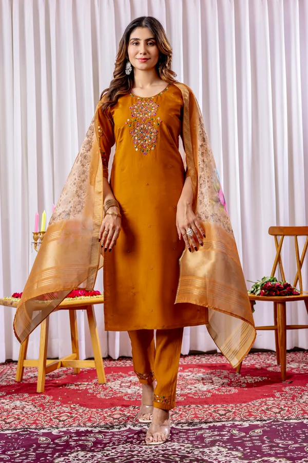 Mustard_Yellow_Viscose_Embroidered_Kurta_Pant_Set_For_Women