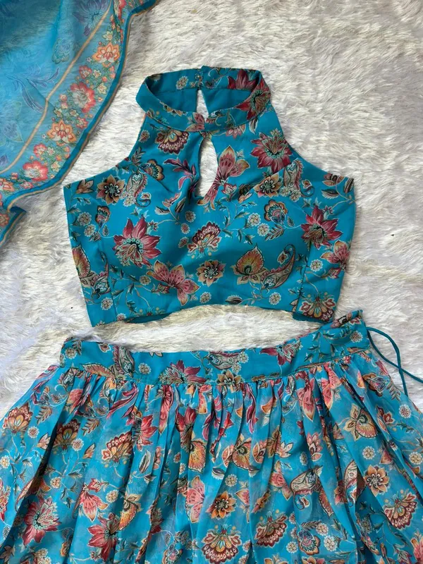 Blue_Pure_Organza_Floral_Printed_Lehenga_Set_with_Padded_Halter-Neck_Blouse_&_Dupatta