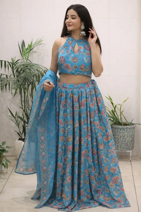 Blue_Pure_Organza_Floral_Printed_Lehenga_Set_with_Padded_Halter-Neck_Blouse_&_Dupatta