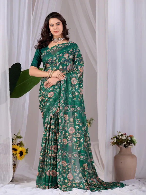 Emerald_Green_Floral_Digital_Print_Premium_Monsoon_Saree_with_Matching_Blouse_Piece