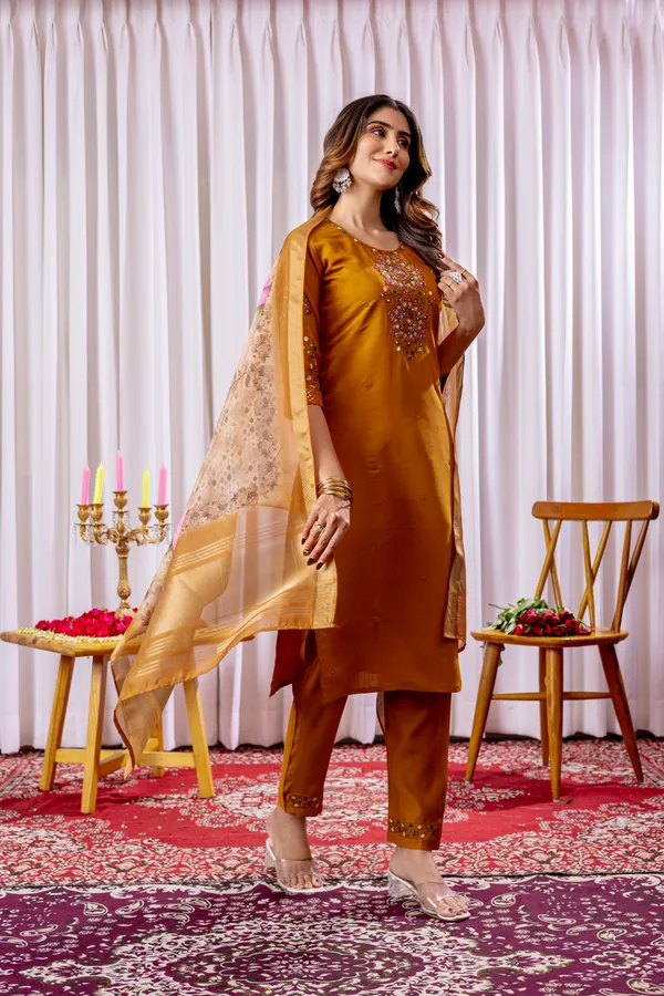 Mustard_Yellow_Viscose_Embroidered_Kurta_Pant_Set_For_Women