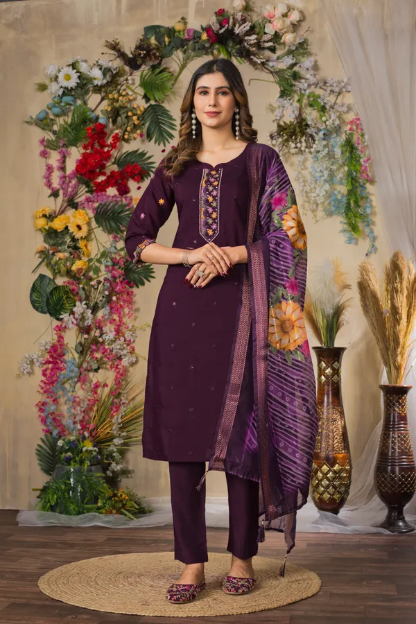Wine_Roman_Silk_Embroidered_Kurta_Pant_Set_For_Women