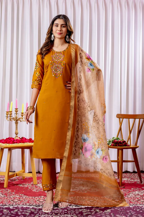 Mustard_Yellow_Viscose_Embroidered_Kurta_Pant_Set_For_Women