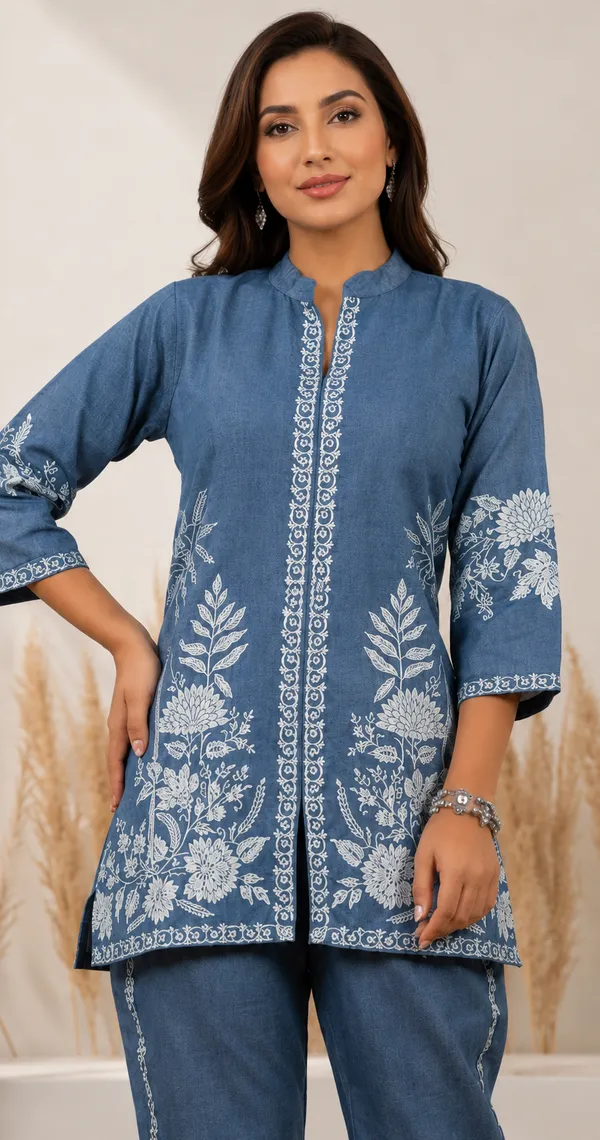 Blue_Cotton_Jacquard_Co-Ord_Set_for_Women_|_Premium_Short_Kurti_with_Pant