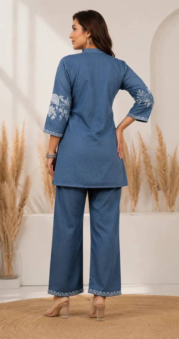 Blue_Cotton_Jacquard_Co-Ord_Set_for_Women_|_Premium_Short_Kurti_with_Pant