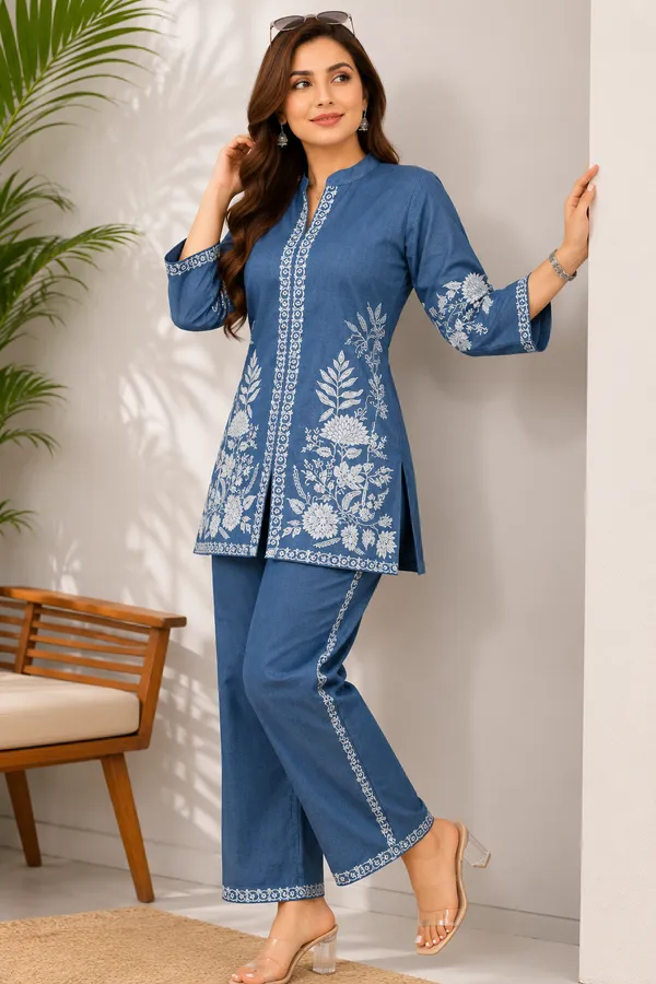 Blue_Cotton_Jacquard_Co-Ord_Set_for_Women_|_Premium_Short_Kurti_with_Pant