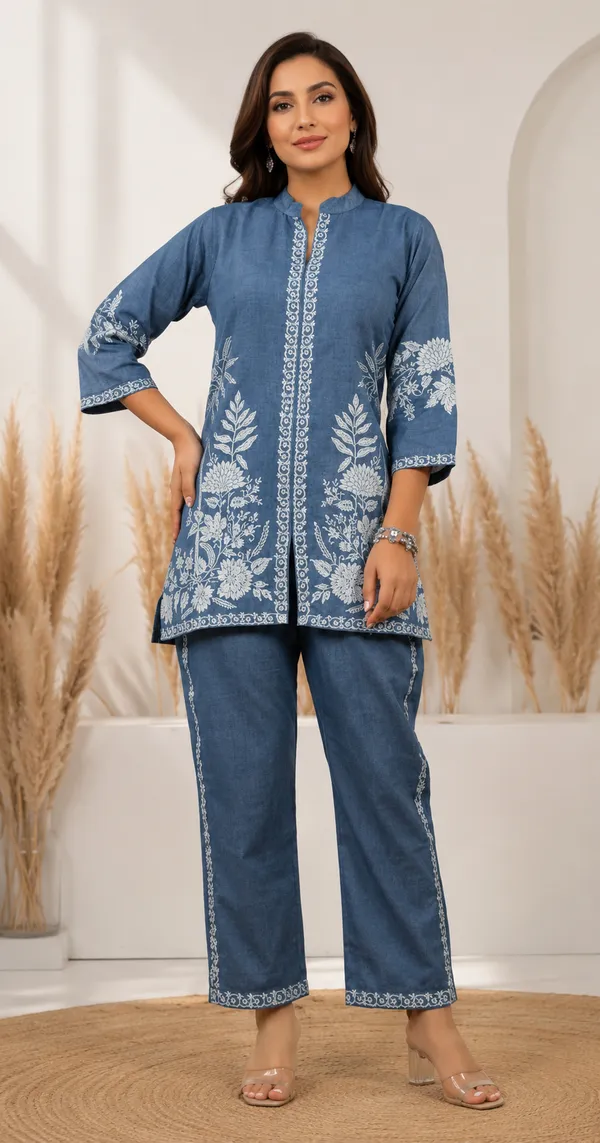 Blue_Cotton_Jacquard_Co-Ord_Set_for_Women_|_Premium_Short_Kurti_with_Pant
