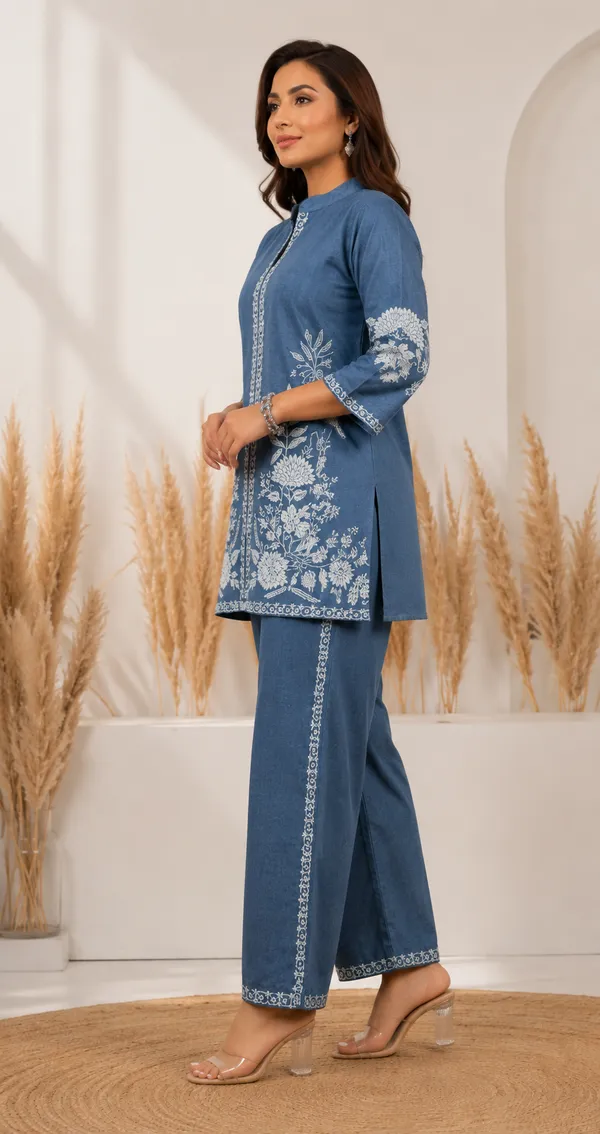 Blue_Cotton_Jacquard_Co-Ord_Set_for_Women_|_Premium_Short_Kurti_with_Pant