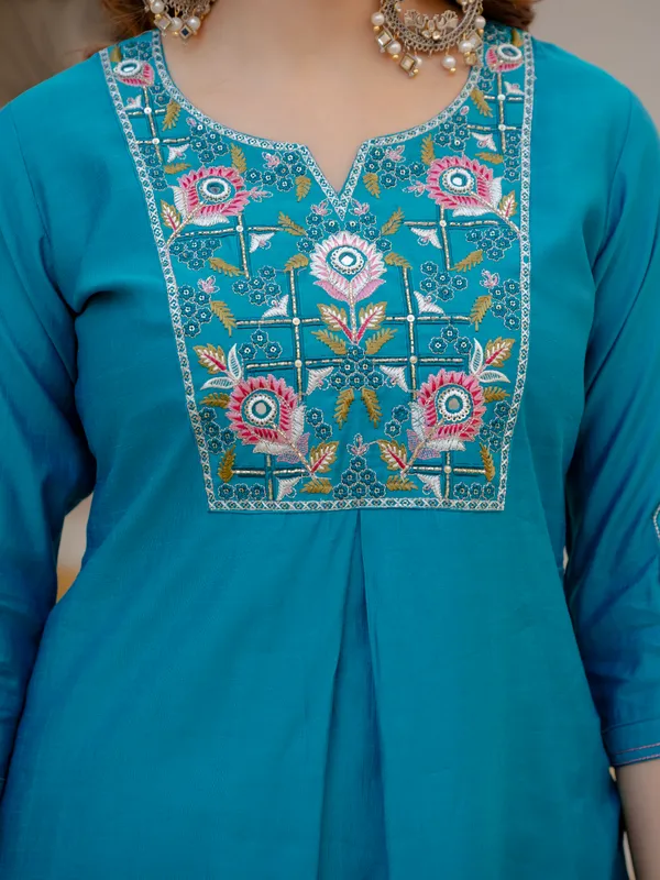 Blue_Firozi_Viscose_Embroidered_Kurta_Pant_Set_For_Women