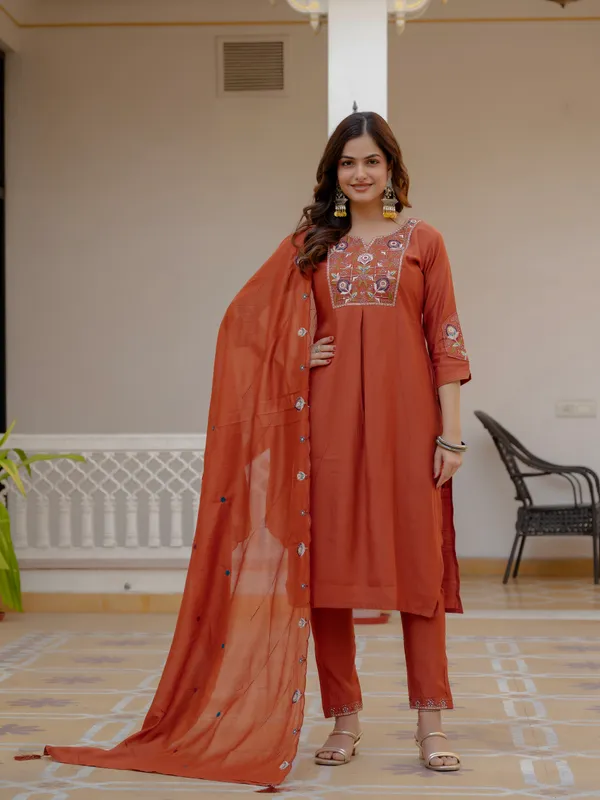 Rust_Orange_Viscose_Embroidered_Kurta_Pant_Set_For_Women
