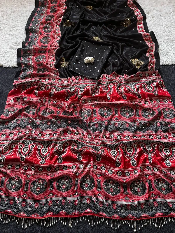 Soft_Satin_Ajrakh_Print_Soft_Silk_Saree_with_Mirror_Work_&_Designer_Border