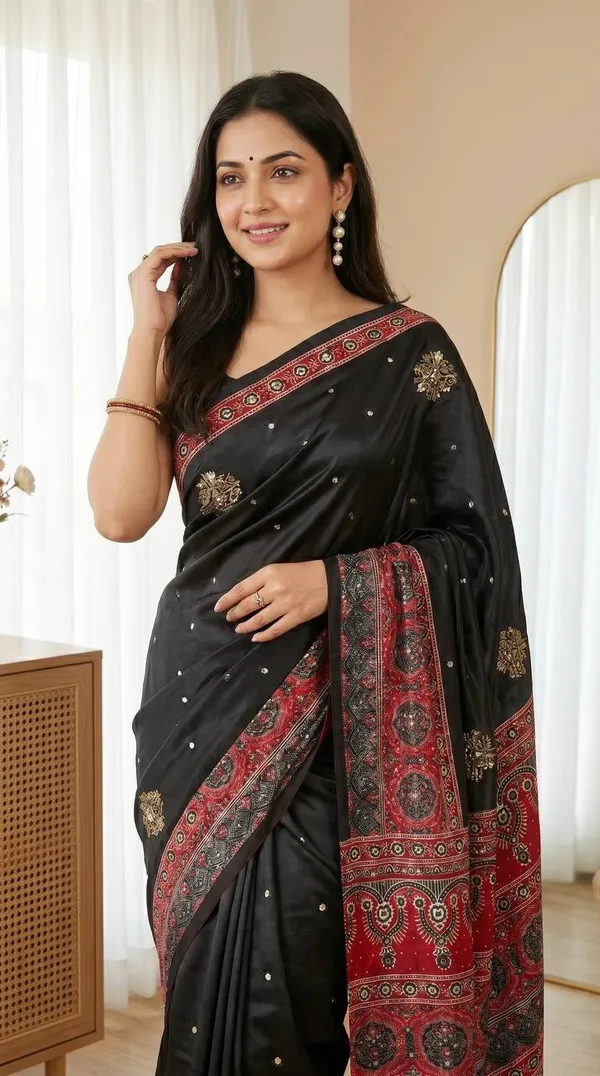 Soft_Satin_Ajrakh_Print_Soft_Silk_Saree_with_Mirror_Work_&_Designer_Border