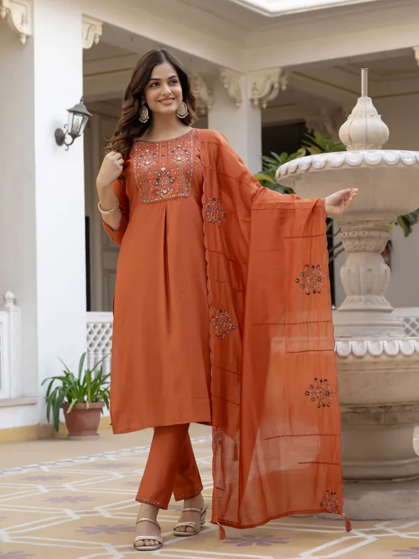 Rust_Orange_Viscose_Embroidered_Kurta_Pant_Set_For_Women