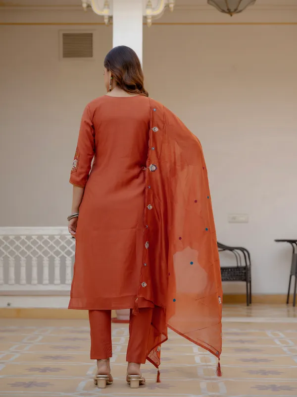 Rust_Orange_Viscose_Embroidered_Kurta_Pant_Set_For_Women