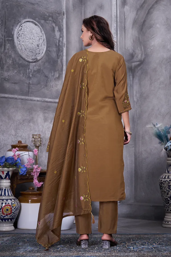 Dark_Brown_Romal_Silk_Embroidered_Kurta_Pant_Set_For_Women