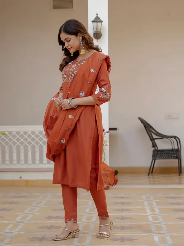 Rust_Orange_Viscose_Embroidered_Kurta_Pant_Set_For_Women