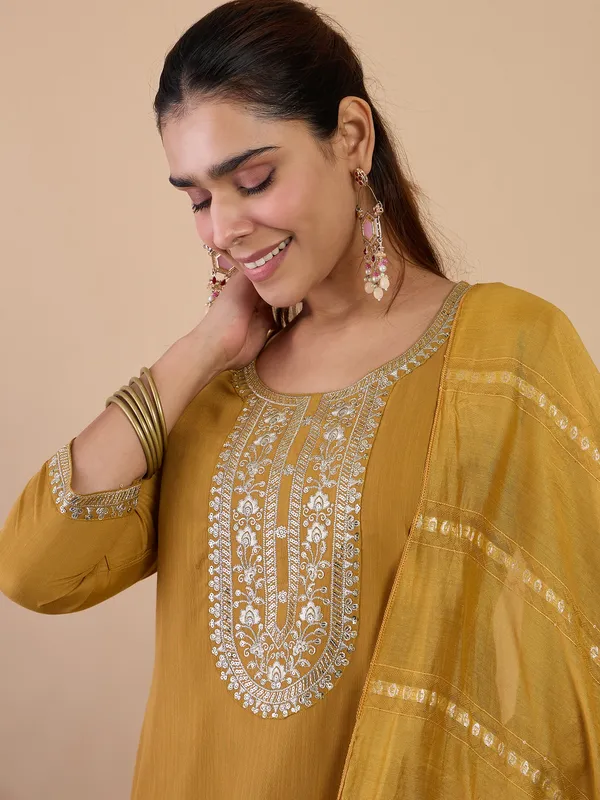Mustard_Elegant_Embroidered_Kurta_Pant_Set_with_Silk_Dupatta_|_Women's_Ethnic_Wear