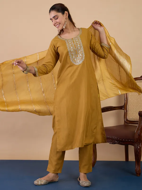 Mustard_Elegant_Embroidered_Kurta_Pant_Set_with_Silk_Dupatta_|_Women's_Ethnic_Wear