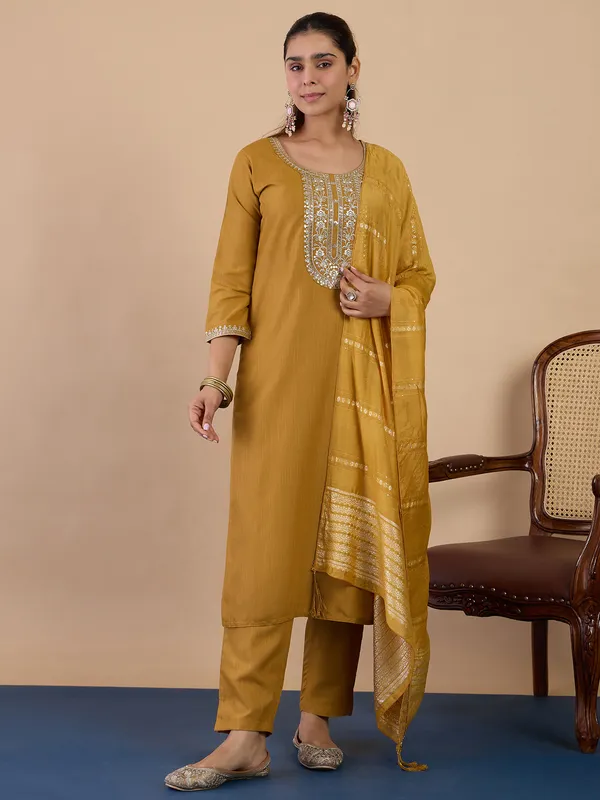 Mustard_Elegant_Embroidered_Kurta_Pant_Set_with_Silk_Dupatta_|_Women's_Ethnic_Wear