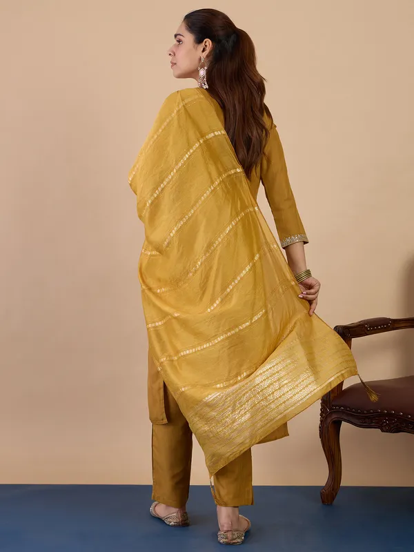Mustard_Elegant_Embroidered_Kurta_Pant_Set_with_Silk_Dupatta_|_Women's_Ethnic_Wear