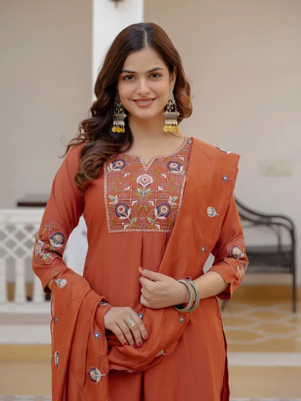 Rust_Orange_Viscose_Embroidered_Kurta_Pant_Set_For_Women