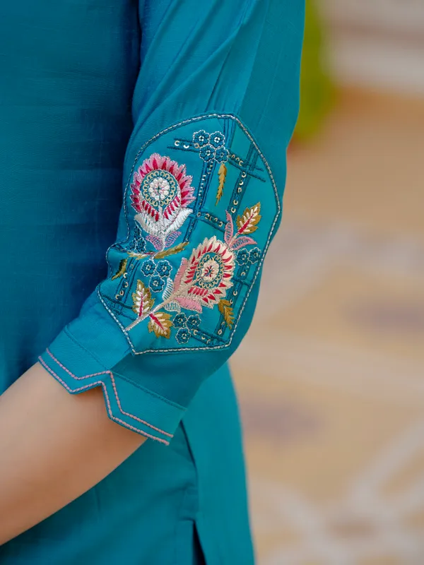 Blue_Firozi_Viscose_Embroidered_Kurta_Pant_Set_For_Women