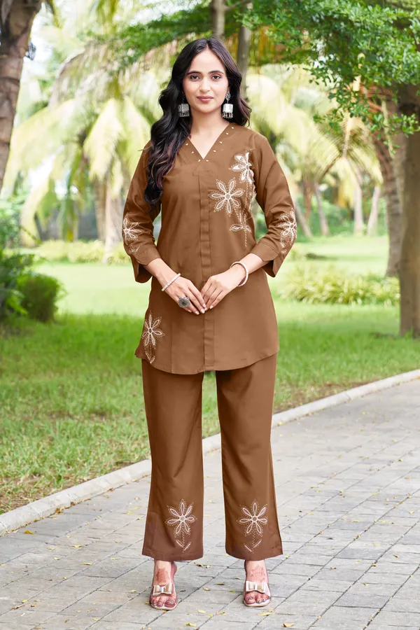 Dark_Brown_Rayon_Floral_Embroidered_Co-Ord_Set_For_Women