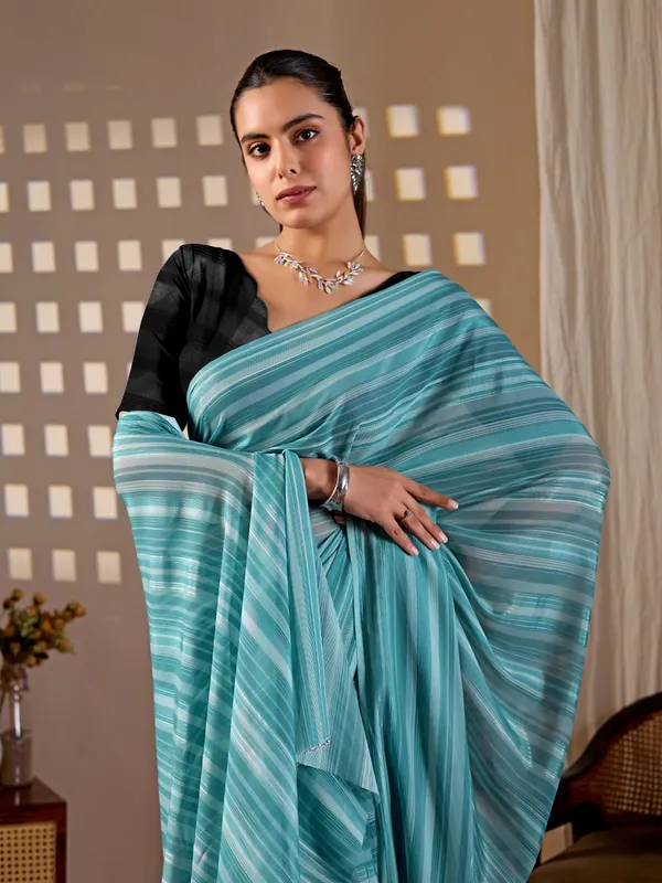 Blue_Premium_Monsoon_Saree_with_Elegant_Fine_Stripes_&_Matching_Blouse_Piece
