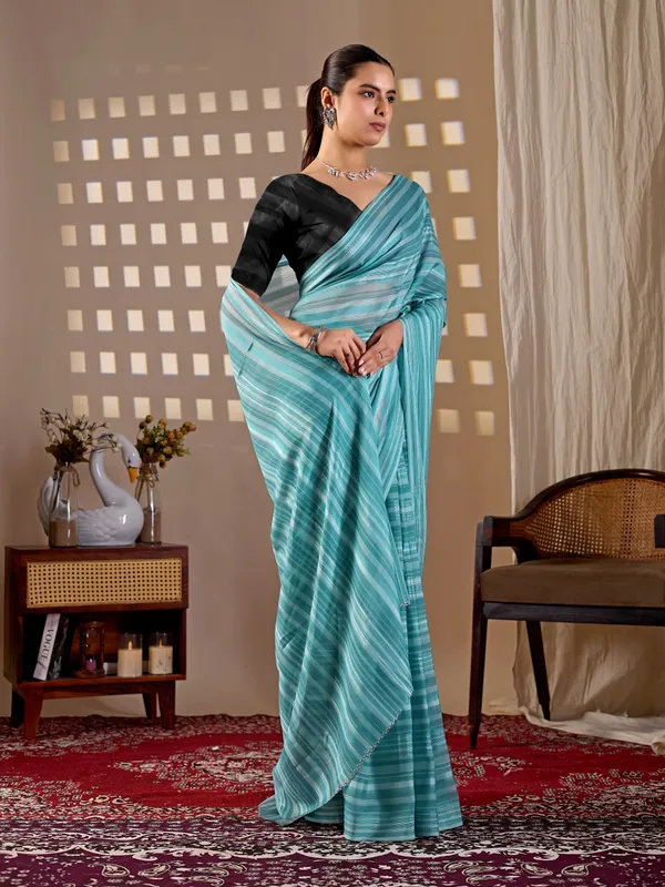 Blue_Premium_Monsoon_Saree_with_Elegant_Fine_Stripes_&_Matching_Blouse_Piece