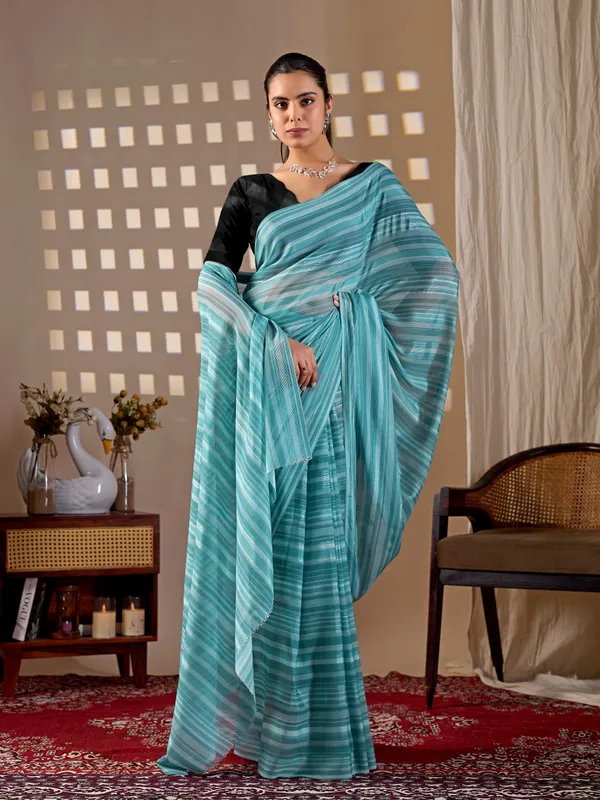 Blue_Premium_Monsoon_Saree_with_Elegant_Fine_Stripes_&_Matching_Blouse_Piece