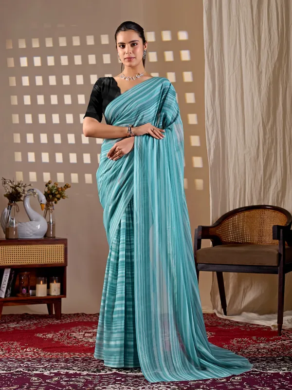 Blue_Premium_Monsoon_Saree_with_Elegant_Fine_Stripes_&_Matching_Blouse_Piece
