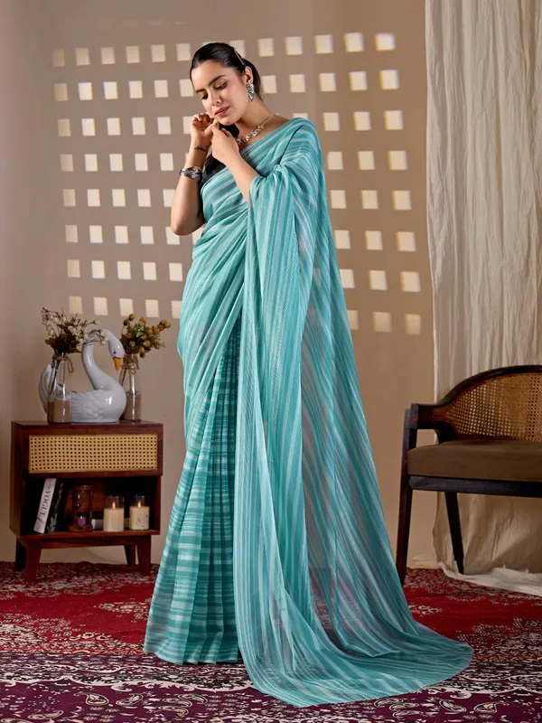 Blue_Premium_Monsoon_Saree_with_Elegant_Fine_Stripes_&_Matching_Blouse_Piece